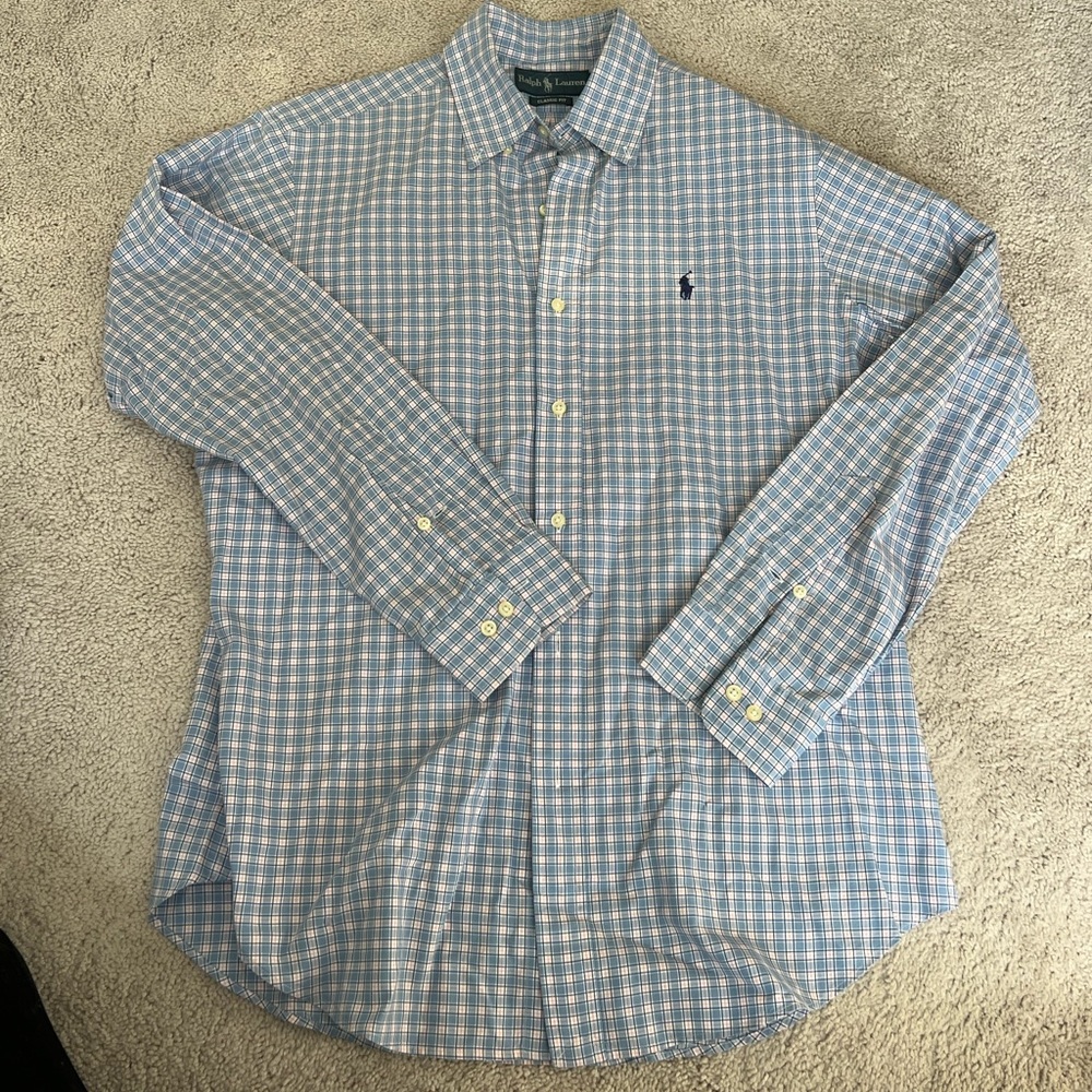 Men’s pink/blue long sleeve dress shirt